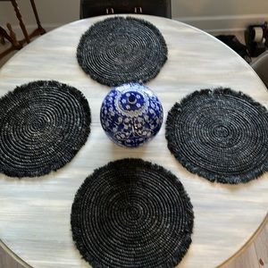 4 Black Grey Boho Placemats with Fringe Edge